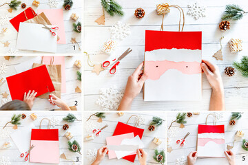 DIY Step-by-step guide instructions for Christmas paper bag for children. New year pack with Santa...