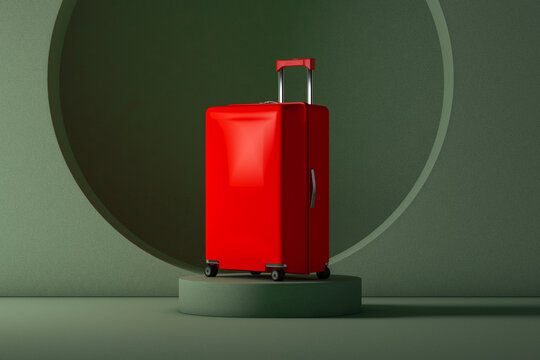 Red suitcase on a stage on green color background