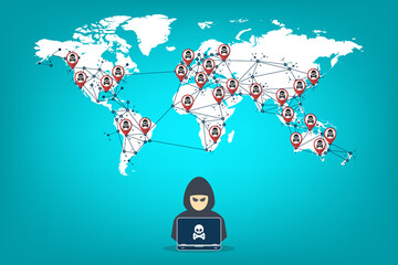 Hacker with laptop computer stealing confidential data. Hacking concept. Vector illustration	