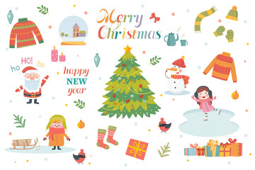 Vector set of Christmas elements. New Year. Christmas decorations and elements.