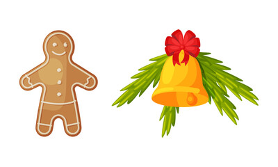 Bell and Gingerbread Man as Merry Christmas Holiday Object and Element Vector Set