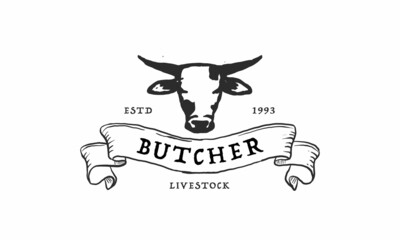 Steak house logo vector illustration bull silhouette good for farm or restaurant badge. Vintage typography emblem design.