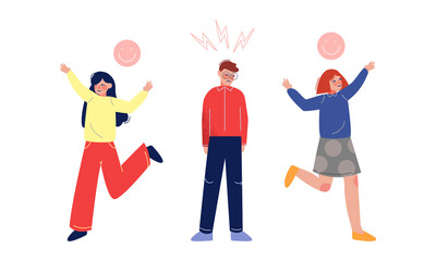 Emotional Teen Boy and Girl Character Feeling Happy and Frustrated Vector Set