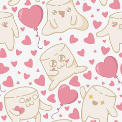 Seamless pattern with kawaii marshmallow chewing a candy heart surrounded by different sweets. Kawaii marshmallow characters in a flat style.