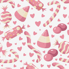 Seamless pattern with candy heart surrounded by different sweets. Kawaii pattern in a flat style.