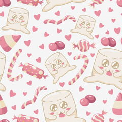 Seamless pattern with kawaii marshmallow chewing a candy heart surrounded by different sweets. Kawaii marshmallow characters in a flat style.
