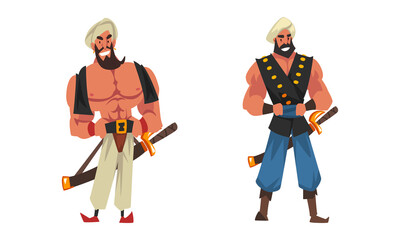 Bearded Wicked Man in Turban with Sword as Arabian Fairy Tale Character Vector Set