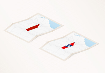 Two versions of a folded map of Tennessee with the flag of the country of Tennessee and with the red color highlighted.
