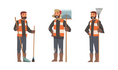 Bearded Man Janitor Wearing Orange Vest Standing with Shovel and Rake Vector Set