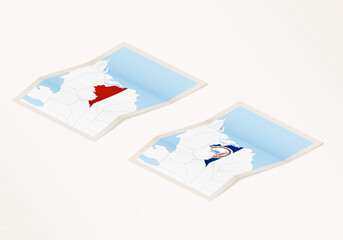 Two versions of a folded map of Virginia with the flag of the country of Virginia and with the red color highlighted.