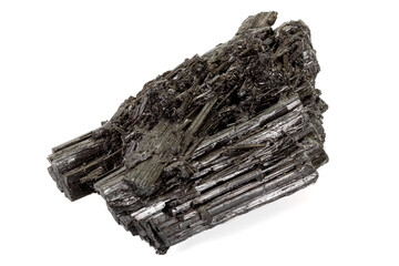 Macro stone black mineral tourmaline Scherl on white background