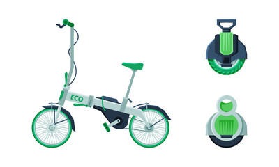 Electric Unicycle and Bicycle as Eco City Transport and Urban Vehicle Vector Set