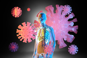 Three dimensional render of giant virus cells floating around human anatomical model with transparent skin