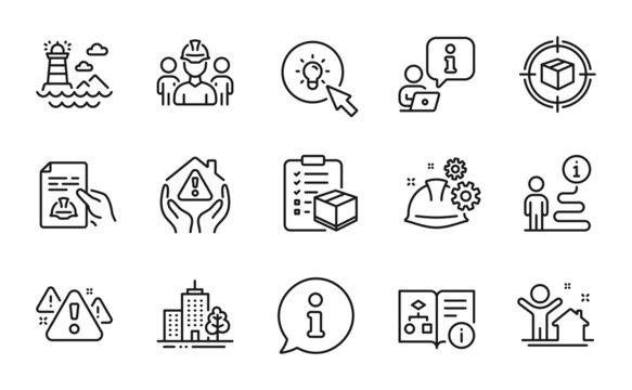 Industrial icons set. Included icon as Technical algorithm, Parcel tracking, Parcel checklist signs. Energy, Skyscraper buildings, Working process symbols. Warning, Lighthouse, New house. Vector