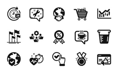 Obraz premium Vector set of 24h delivery, Teamwork and Shopping cart icons simple set. Discount medal, Honor and World insurance icons. Global business, Cardio training and Seo marketing signs. Vector