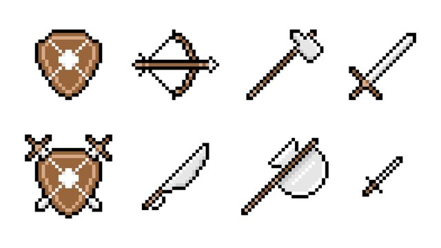 Medieval edged pixel weapons. Powerful war hammer with ax and sword of crusader. Interior shield with crossed swords and sharp saber with vector stiletto
