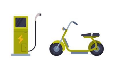 Car Power Stand and Bicycle as Eco Transport and Renewable Green Energy Source Vector Set