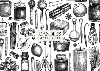 Hand sketched candles ingredients banner. Vintage candles, herbs, wax, fruits, spices, skewers hand drawings background. Natural frame perfect for aromatherapy, hobby, handcrafts, candle making.
