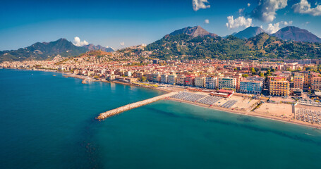 Picturesque morning view from flying drone of Salerno city, Italy, Europe. Impressive summer...