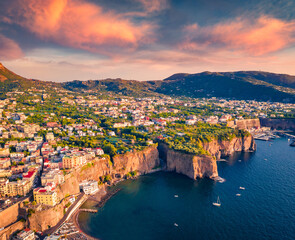 Adorable evening view from flying drone of Agropoli port. Gorgeous summer seascape of Mediterranean...