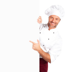 Smiling chef pointing at blank sign