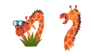 Funny Giraffe Character with Long Neck Watching Binoculars and Laughing Vector Set