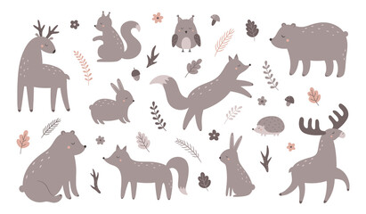 A set of forest animals. Fox, bear, hare, hedgehog, squirrel, deer, moose, owl. Vector illustration