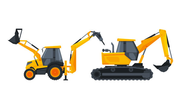 Heavy Equipment Or Machinery For Construction Task And Earthwork Operation Vector Set