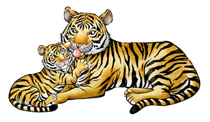 グルーミングする虎の親子　水墨画　寅年　年賀状素材　