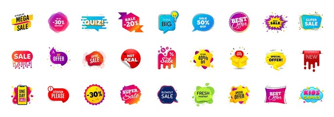 Fototapeta na wymiar Best sale offer banners. Discounts price deal stickers. Special offer 3d bubble. Promotion sale tag coupons. Best discount deal sticker templates. Quiz bubble banner. Promotion Ad labels. Vector