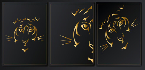 Set of abstract posters with a golden tiger.