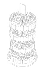 The outline of a circular counter with many bottles. Bottled drinks store counter. Isometric view. Vector illustration
