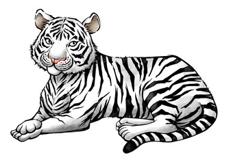 Fototapeta na wymiar 座る白い虎の水墨画イラスト　寅年　年賀状素材