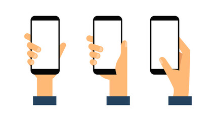 Smartphone in hand. Hands holding smartphone with blank white screen. Flat style. Vector illustration