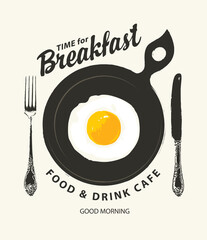 Vector banner on the theme of Breakfast time with appetizing scrambled egg on a frying pan, old beautiful fork and knife in retro style on a light background. Morning menu for a food and drink cafe