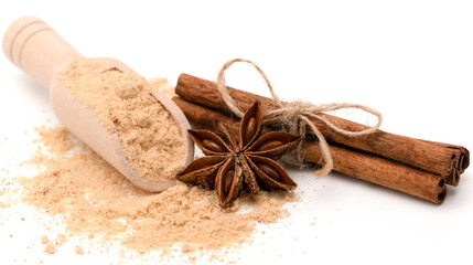 Cinnamon sticks on ground cinnamon. Mixed spices on white Background