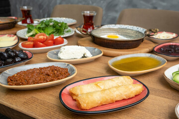 Breakfast table. Traditional Turkish Breakfast Table (Serpme Kahvaltı). Turkish style breakfast.