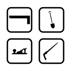 Four vector icons for construction in a square frame on a white background: hand saw, shovel, construction ruler.