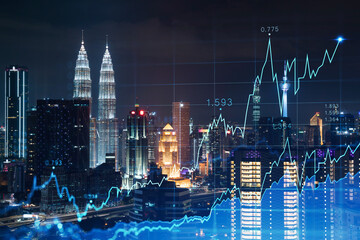 Stock market graph hologram, night panorama city view of Kuala Lumpur. KL is popular location to...