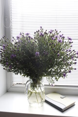 букет фиолетовые цветы  жалюзи окно