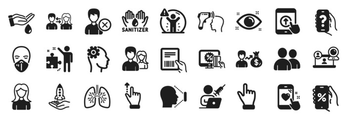 Set of People icons, such as Online shopping, People communication, Medical mask icons. Remove account, Social distance, Users signs. Lungs, Electronic thermometer, Strategy. Teamwork. Vector