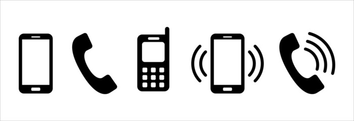 Phone icon vector collection. Phone ringing symbol set. Ringing telephone icons. Contains icon such as old model telephone, modern smartphone, keypad phone. - obrazy, fototapety, plakaty