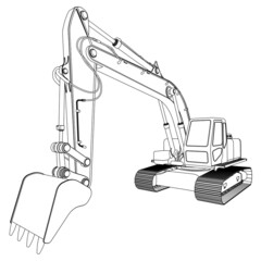 Excavator contour from black lines isolated on white background. Perspective view. 3D. Vector illustration © German Ovchinnikov