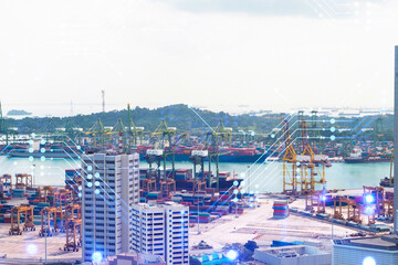 Technology hologram over panorama city view of Singapore. The largest tech hub in Asia. The concept of developing coding and high-tech science. Double exposure.