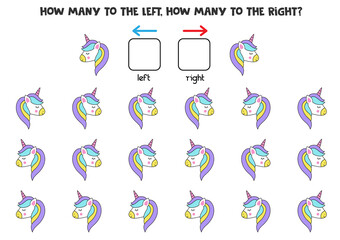 Left or right with cute cartoon unicorns. Logical worksheet for preschoolers.