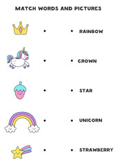 Matching game. Match unicorn pictures with words.