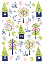 北欧風_家と木のパターン