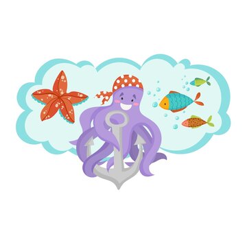 Vector octopus, fishes and starfish in cartoon style.