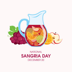 National Sangria Day vector. Sangria in a glass jug and with fruits vector. Traditional spanish drink sangria still life vector. Sangria Day Poster, December 20. Important day