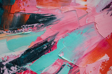 Oil painting in multicolored tones. Conceptual abstract closeup of a painting by oil and palette knife on canvas. The picture is painted in oil. 